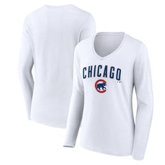 Chicago Cubs Women's Team Lockup Long Sleeve V-Neck T-Shirt - White