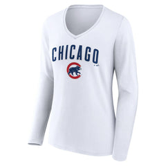 Chicago Cubs Women's Team Lockup Long Sleeve V-Neck T-Shirt - White