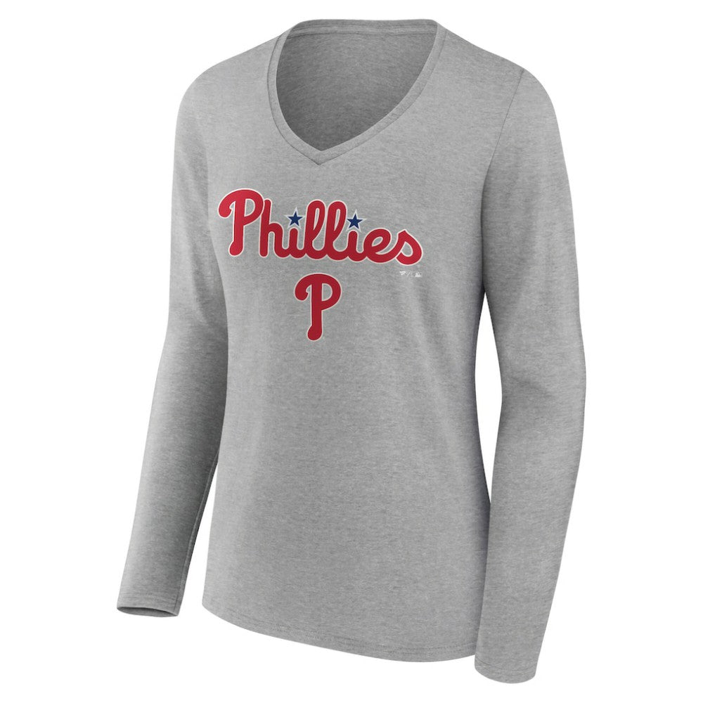 Philadelphia Phillies Women's Team Lockup Long Sleeve V-Neck T-Shirt - Gray
