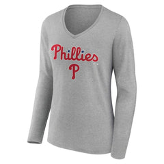 Philadelphia Phillies Women's Team Lockup Long Sleeve V-Neck T-Shirt - Gray