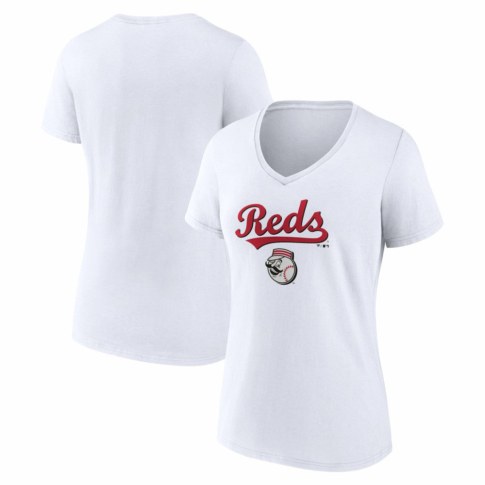 Cincinnati Reds Women's Team Lockup V-Neck T-Shirt - White
