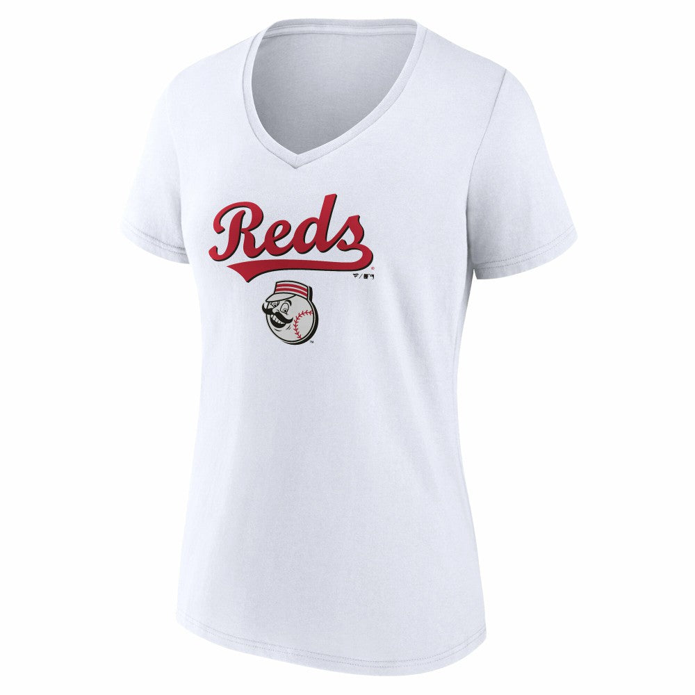 Cincinnati Reds Women's Team Lockup V-Neck T-Shirt - White