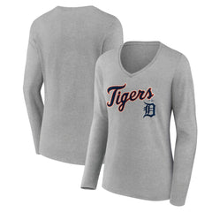 Detroit Tigers Women's Team Lockup Long Sleeve V-Neck T-Shirt - Gray