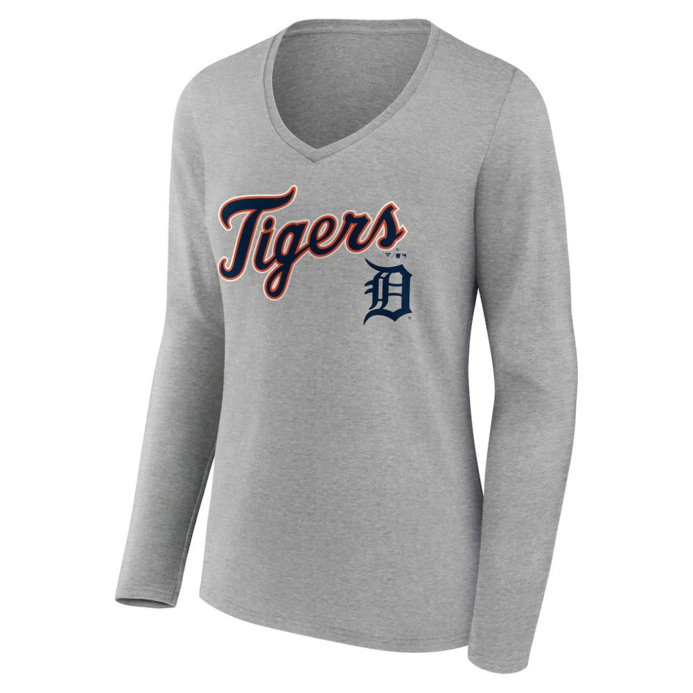 Detroit Tigers Women's Team Lockup Long Sleeve V-Neck T-Shirt - Gray