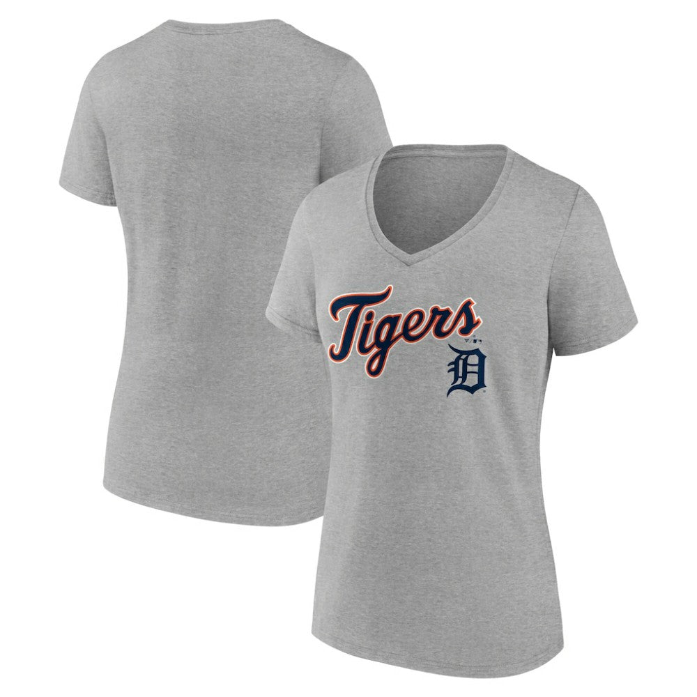 Detroit Tigers Women's Team Lockup V-Neck T-Shirt - Gray