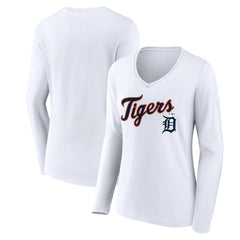 Detroit Tigers Women's Team Lockup Long Sleeve V-Neck T-Shirt - White
