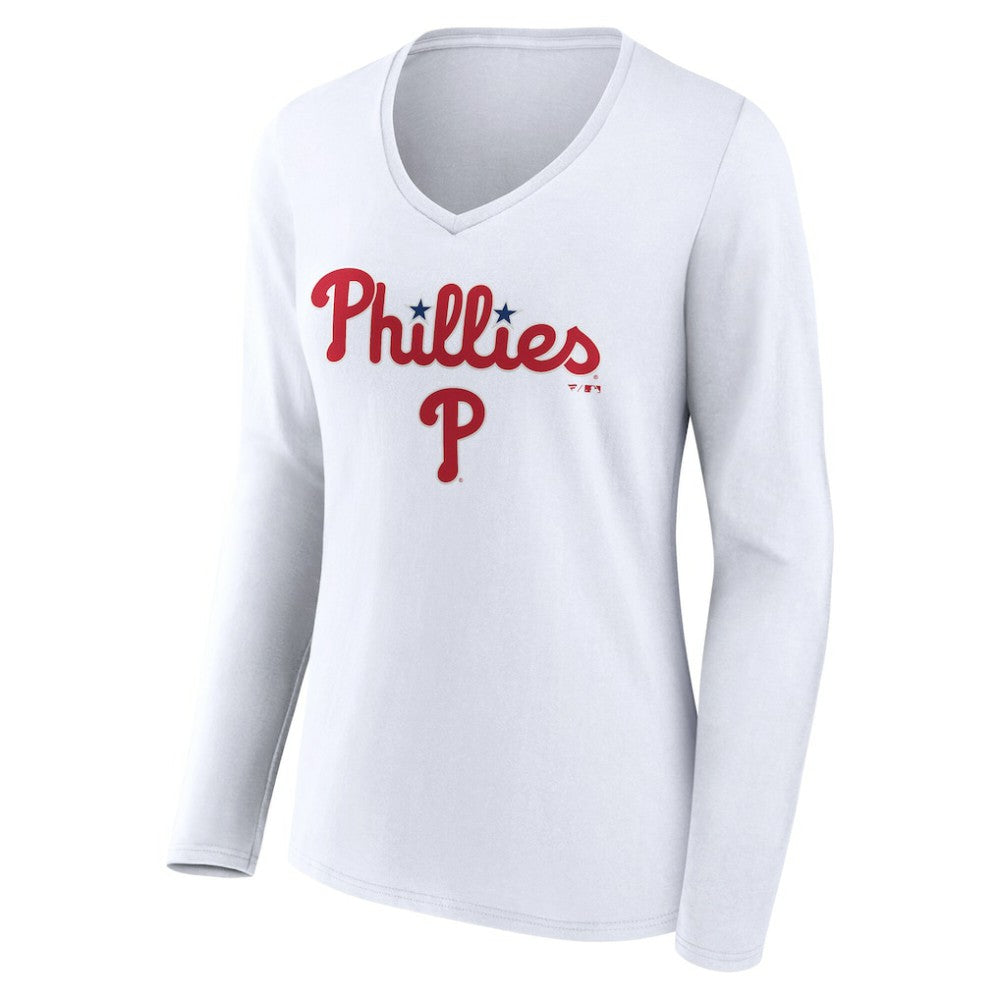 Philadelphia Phillies Women's Team Lockup Long Sleeve V-Neck T-Shirt - White