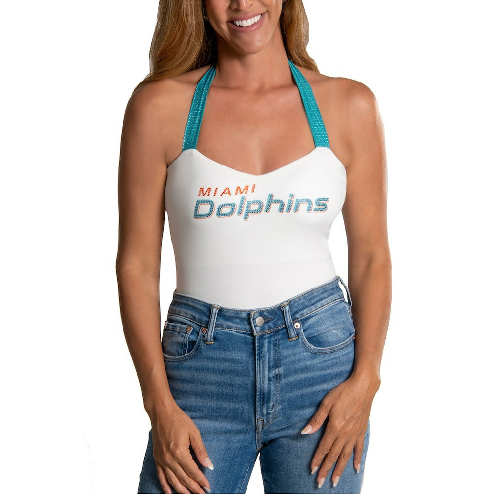 Miami Dolphins Cuce Women's Rhinestone Semi-Cropped Halter Tank - White on sale