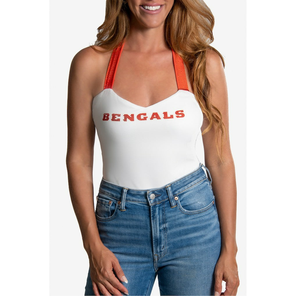 Cincinnati Bengals Cuce Women's Rhinestone Semi-Cropped Halter Tank - White sale