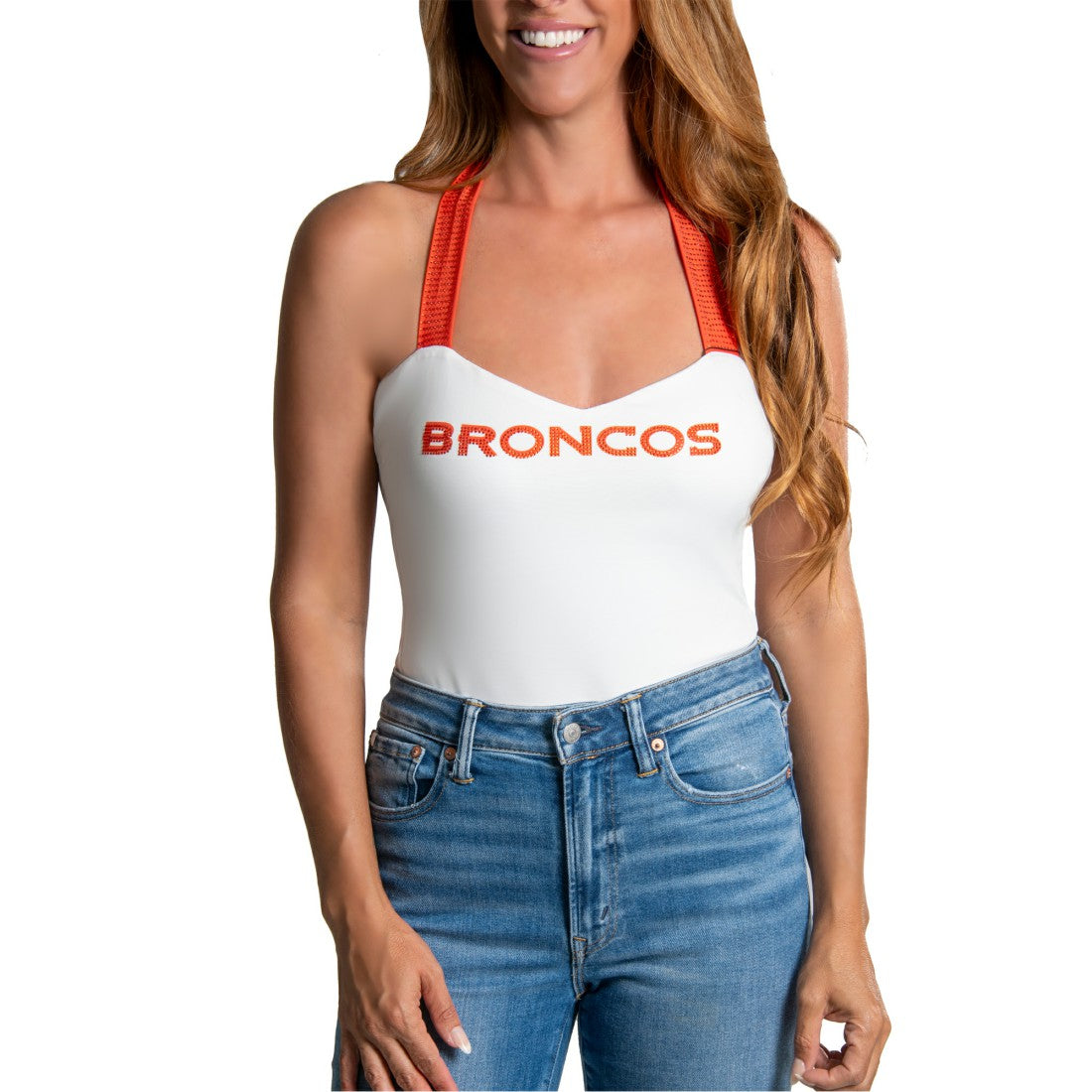 Denver Broncos Cuce Women's Rhinestone Semi-Cropped Halter Tank - White sale