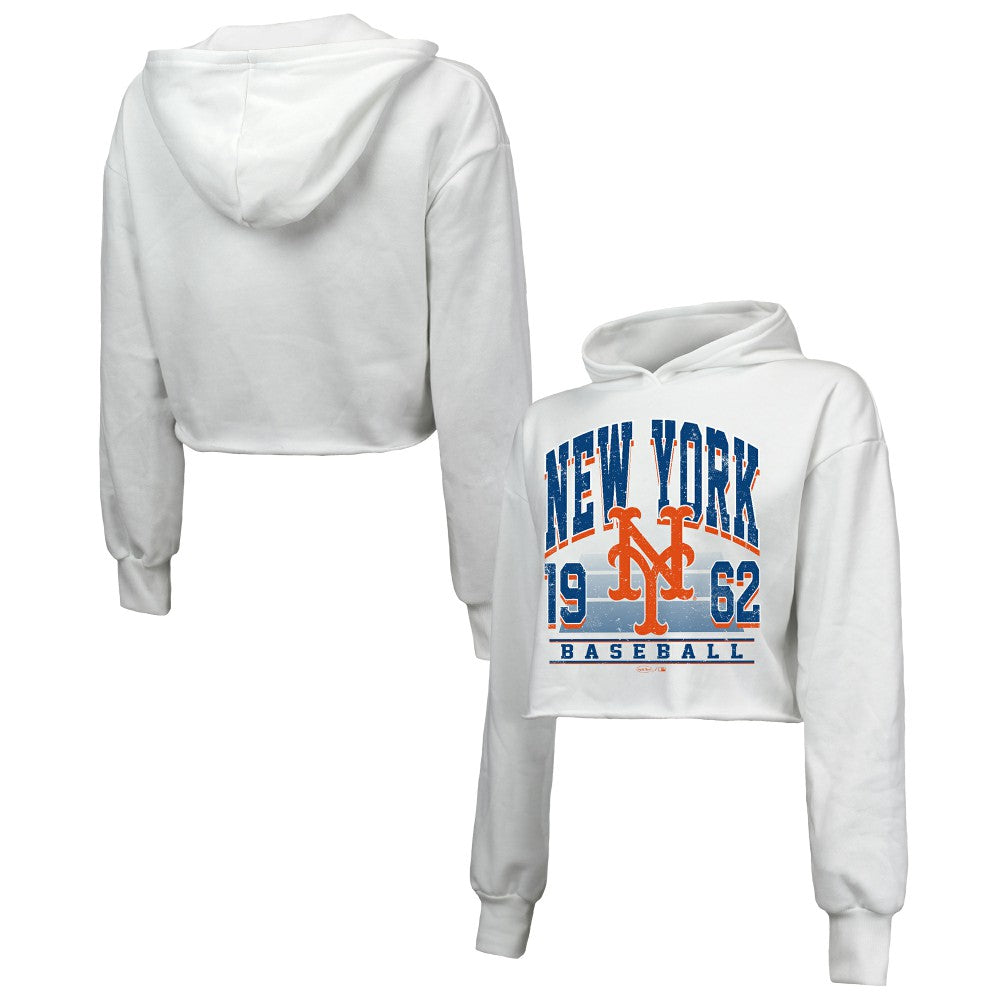 New York Mets Majestic Threads Women's Cropped Have A Field Day Tri-Blend Hoodie - White