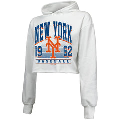 New York Mets Majestic Threads Women's Cropped Have A Field Day Tri-Blend Hoodie - White