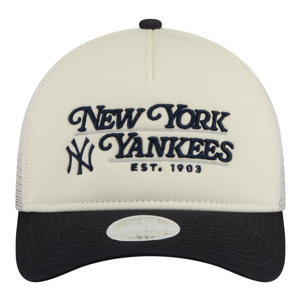 New York Yankees Women's Retro 9FORTY M-Crown A-Frame Trucker Adjustable Hat - Light Beige/Navy | New Era