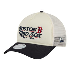 Boston Red Sox Women's Retro 9FORTY M-Crown A-Frame Trucker Adjustable Hat - Light Beige/Navy | New Era