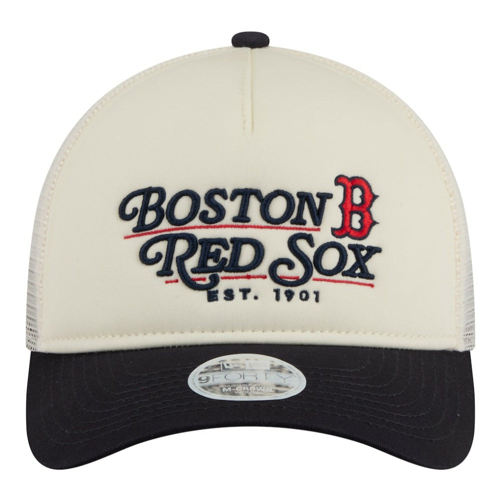 Boston Red Sox Women's Retro 9FORTY M-Crown A-Frame Trucker Adjustable Hat - Light Beige/Navy | New Era