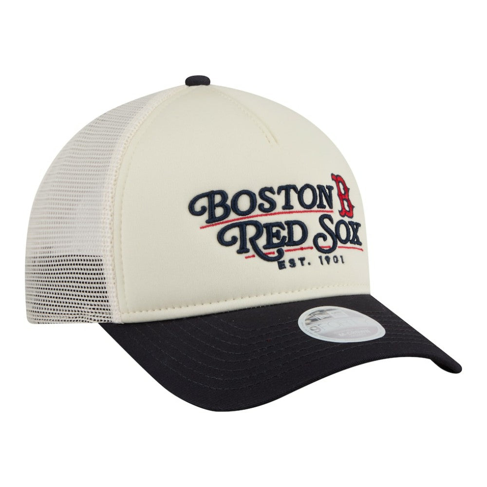 Boston Red Sox Women's Retro 9FORTY M-Crown A-Frame Trucker Adjustable Hat - Light Beige/Navy | New Era