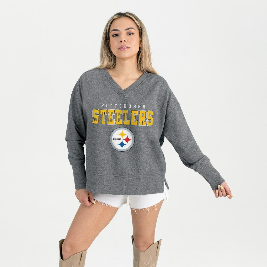 Pittsburgh Steelers Gameday Couture Women's French Terry V-Neck Pullover Sweatshirt - Gray on sale