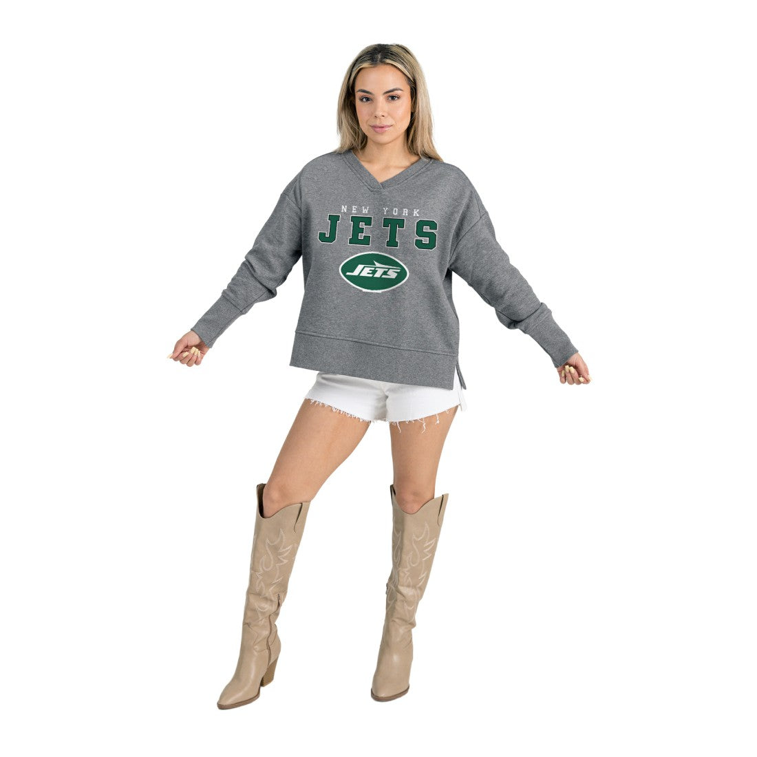 New York Jets Gameday Couture Women's French Terry V-Neck Pullover Sweatshirt - Gray outlet