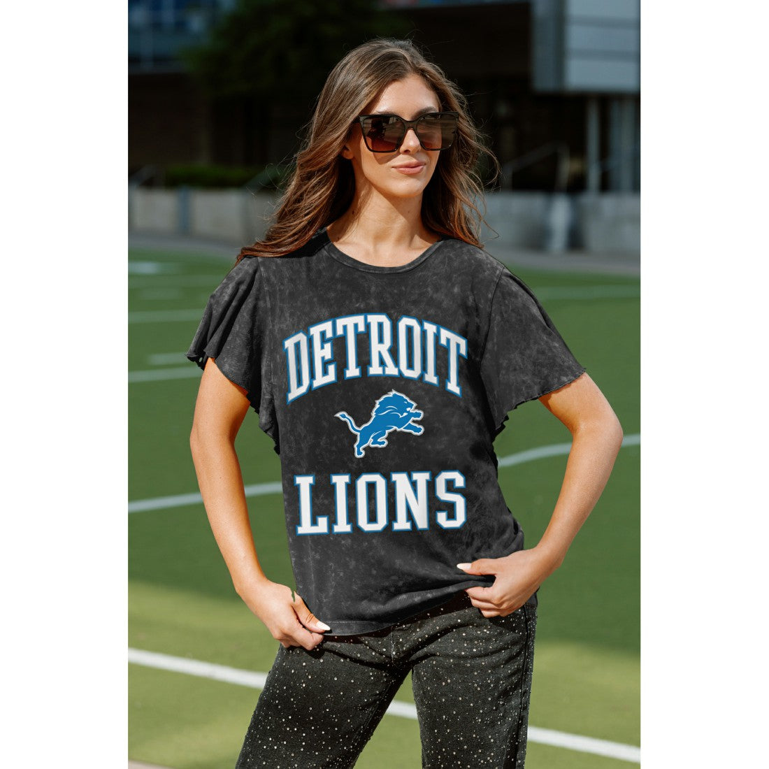 Detroit Lions Gameday Couture Women's Relaxed Flutter Sleeve T-Shirt - Black for sale
