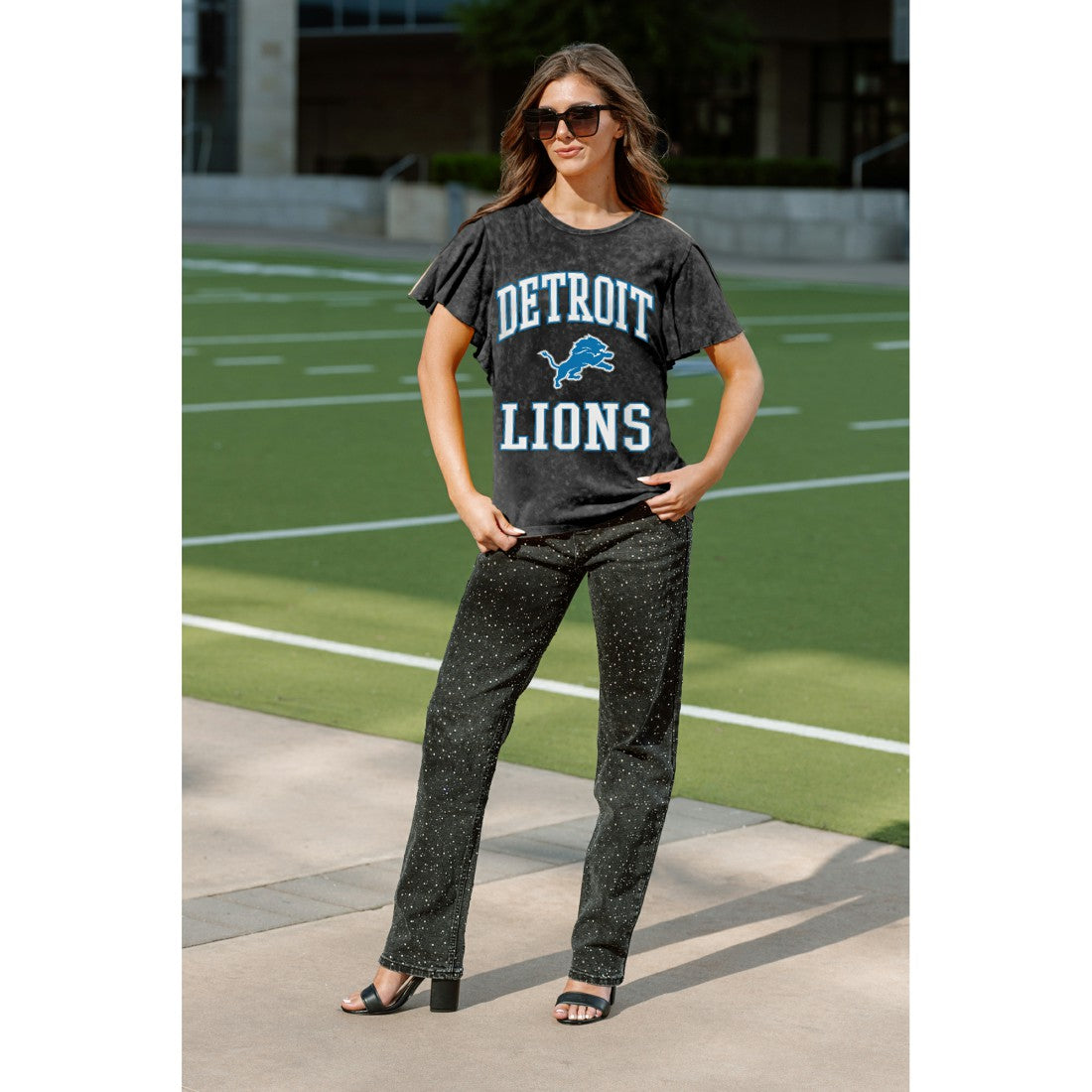 Detroit Lions Gameday Couture Women's Relaxed Flutter Sleeve T-Shirt - Black for sale