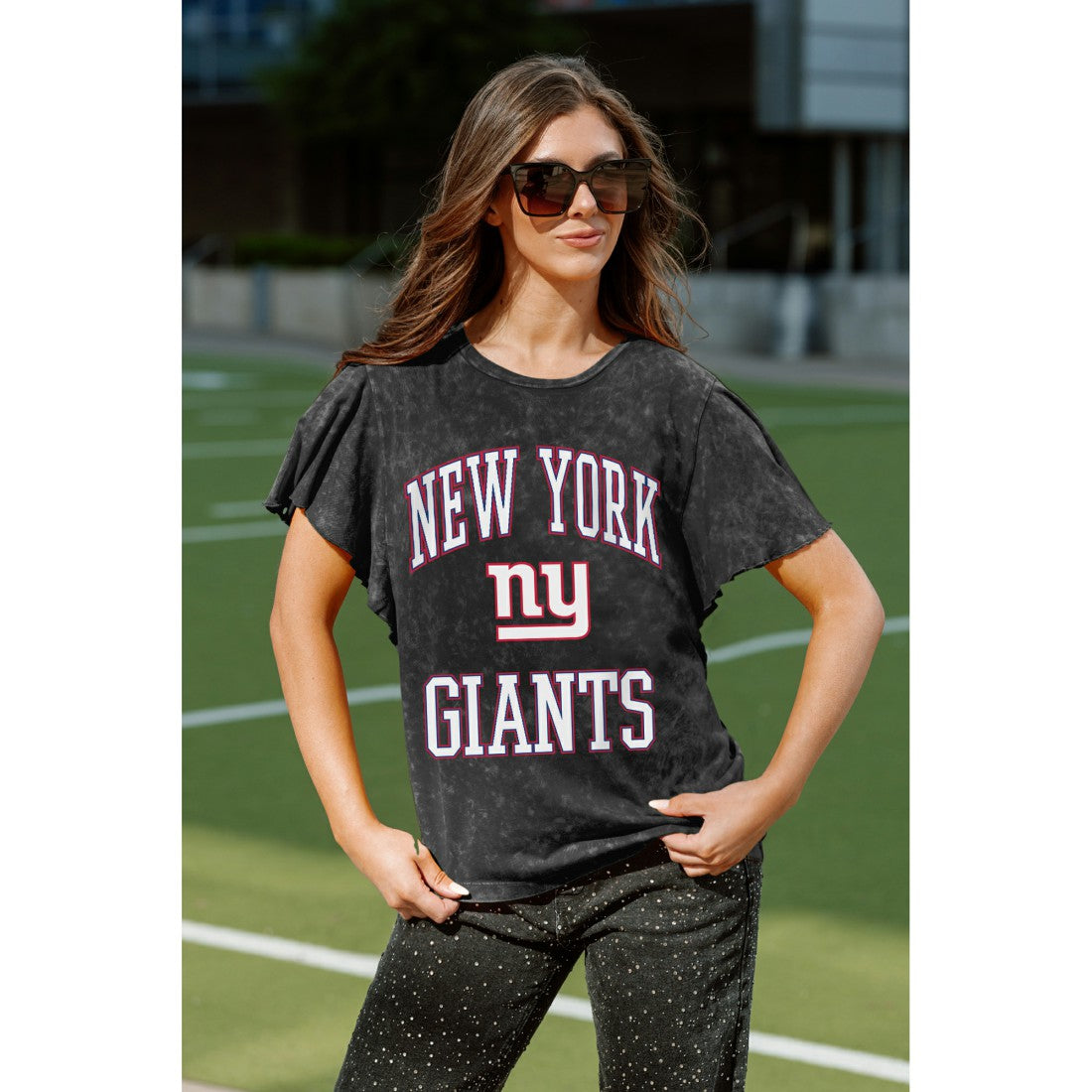 New York Giants Gameday Couture Women's Relaxed Flutter Sleeve T-Shirt - Black sale