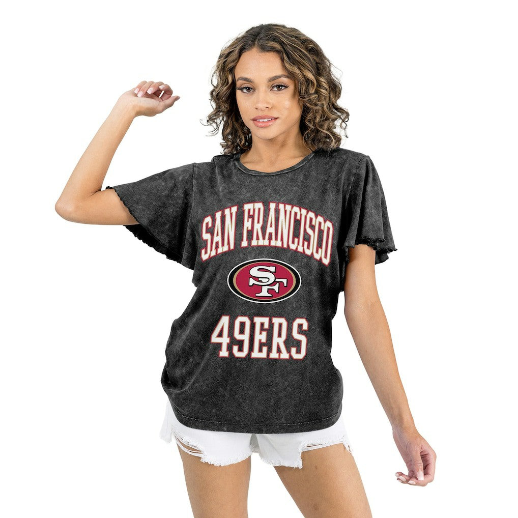 San Francisco 49ers Gameday Couture Women's Relaxed Flutter Sleeve T-Shirt - Black discount