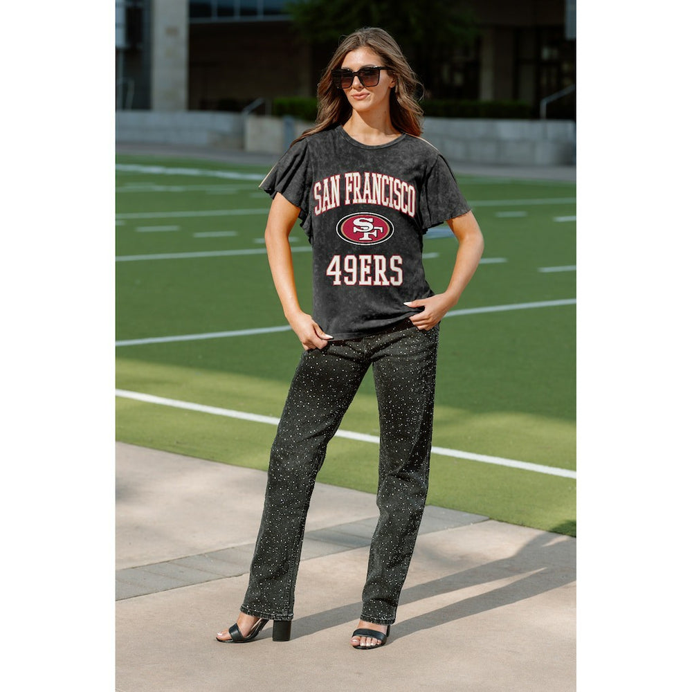 San Francisco 49ers Gameday Couture Women's Relaxed Flutter Sleeve T-Shirt - Black discount