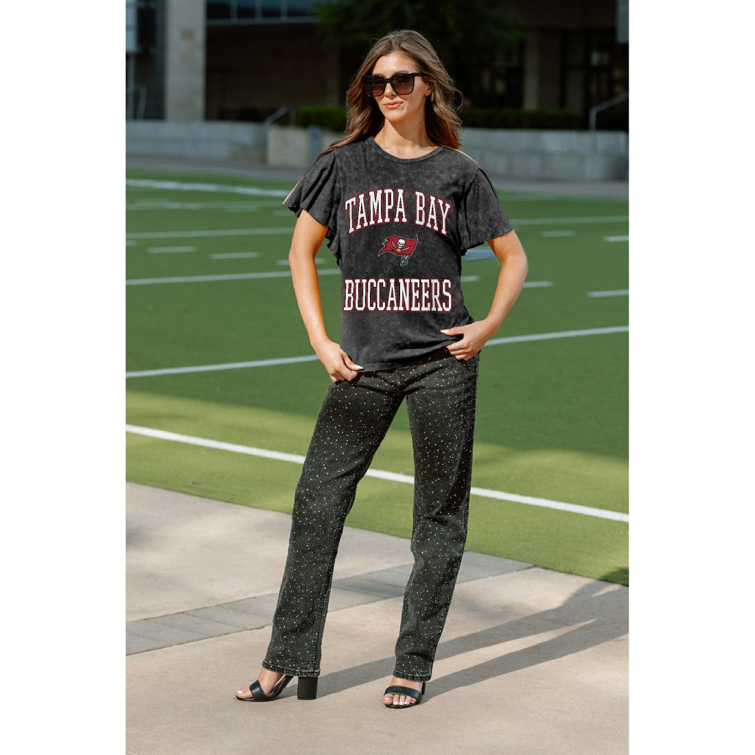 Tampa Bay Buccaneers Gameday Couture Women's Relaxed Flutter Sleeve T-Shirt - Black for sale