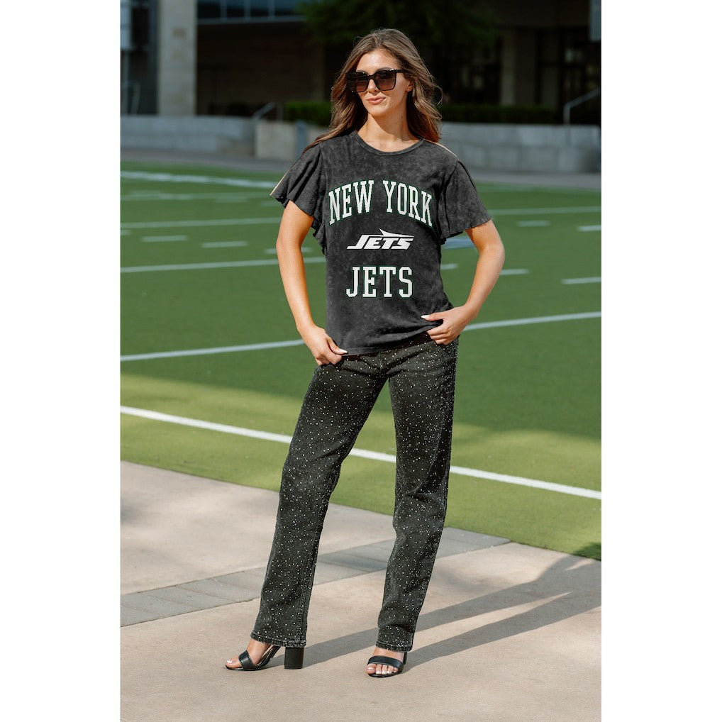New York Jets Gameday Couture Women's Relaxed Flutter Sleeve T-Shirt - Black on sale