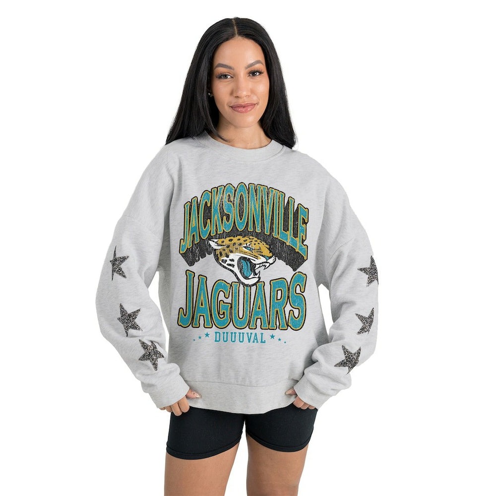 Jacksonville Jaguars Gameday Couture Women's Resilience Relaxed Rhinestone Pullover Sweatshirt - Ash on sale