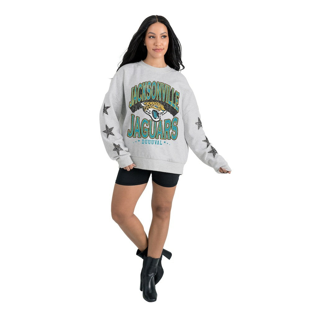 Jacksonville Jaguars Gameday Couture Women's Resilience Relaxed Rhinestone Pullover Sweatshirt - Ash on sale