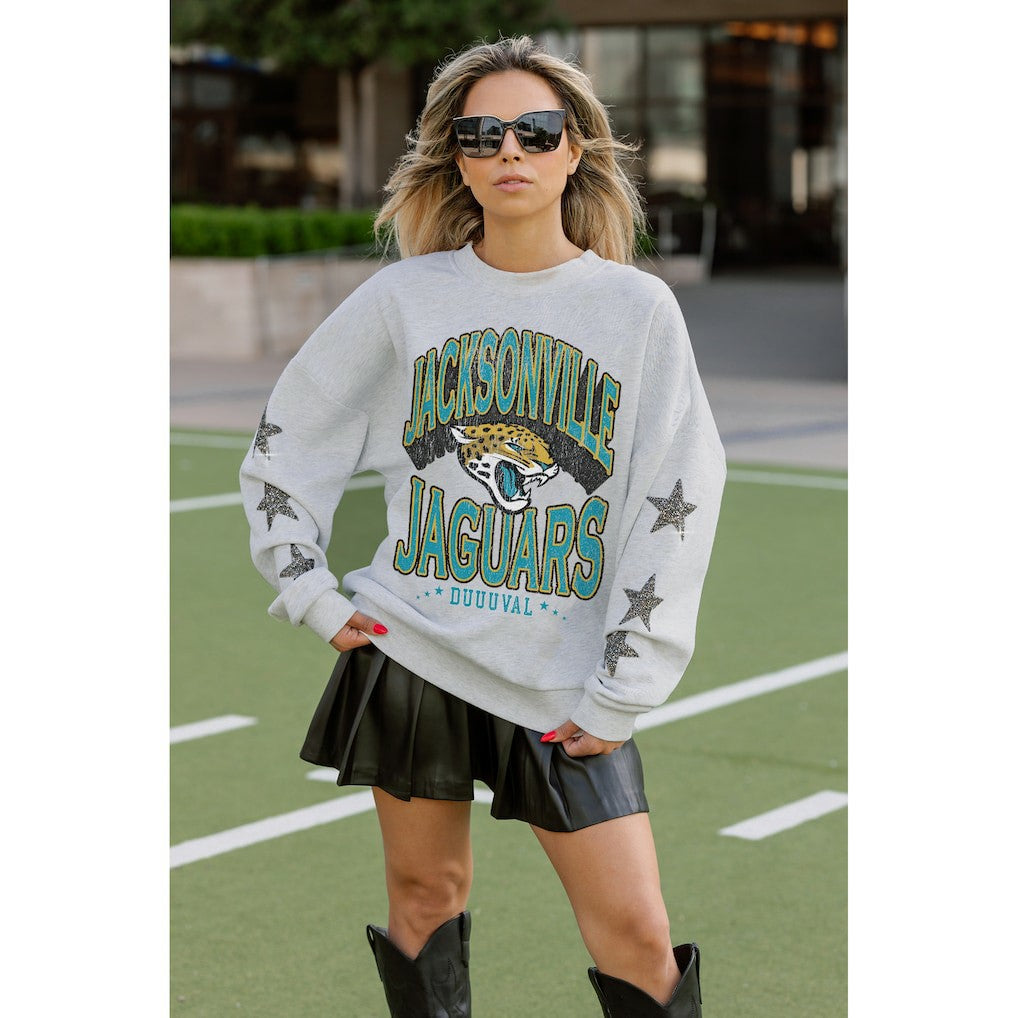 Jacksonville Jaguars Gameday Couture Women's Resilience Relaxed Rhinestone Pullover Sweatshirt - Ash on sale