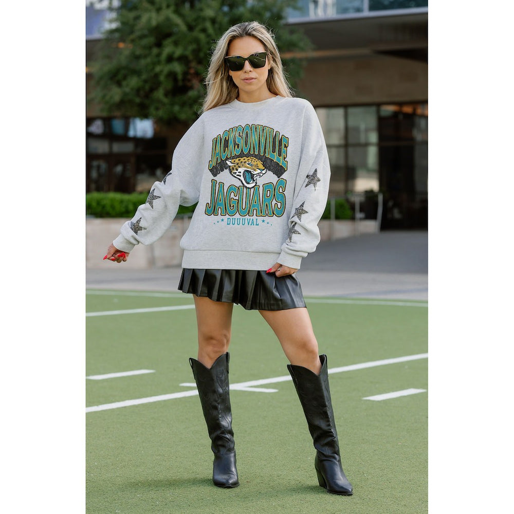 Jacksonville Jaguars Gameday Couture Women's Resilience Relaxed Rhinestone Pullover Sweatshirt - Ash on sale