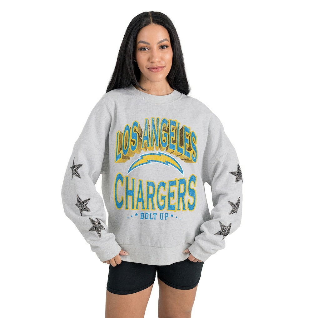 Los Angeles Chargers Gameday Couture Women's Resilience Relaxed Rhinestone Pullover Sweatshirt - Ash online