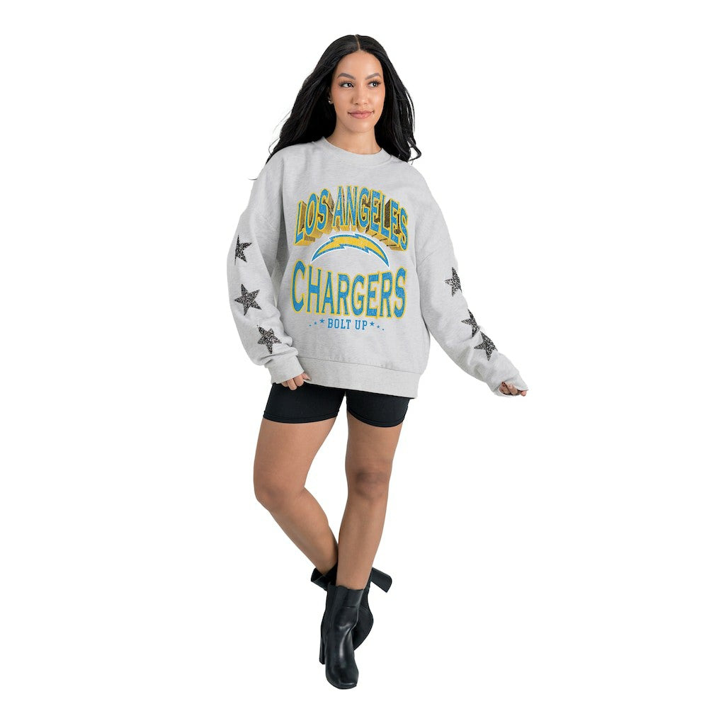 Los Angeles Chargers Gameday Couture Women's Resilience Relaxed Rhinestone Pullover Sweatshirt - Ash online