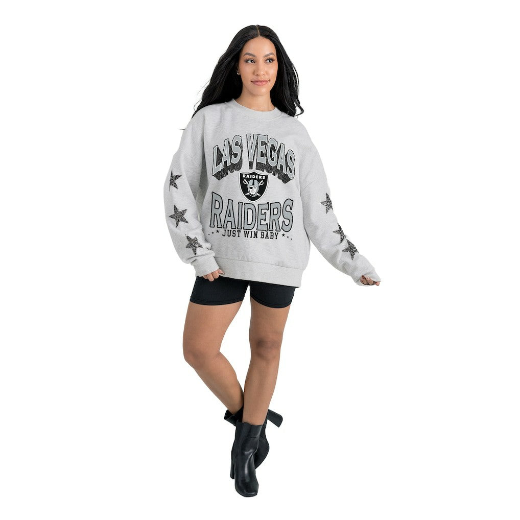 Las Vegas Raiders Gameday Couture Women's Resilience Relaxed Rhinestone Pullover Sweatshirt - Ash on sale