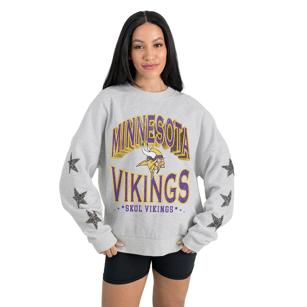 Minnesota Vikings Gameday Couture Women's Resilience Relaxed Rhinestone Pullover Sweatshirt - Ash online