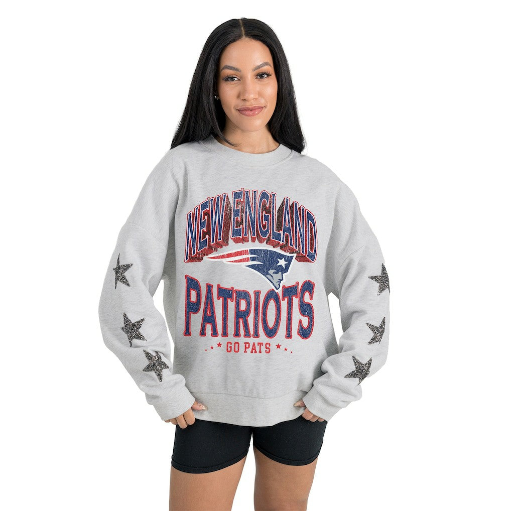 New England Patriots Gameday Couture Women's Resilience Relaxed Rhinestone Pullover Sweatshirt - Ash discount