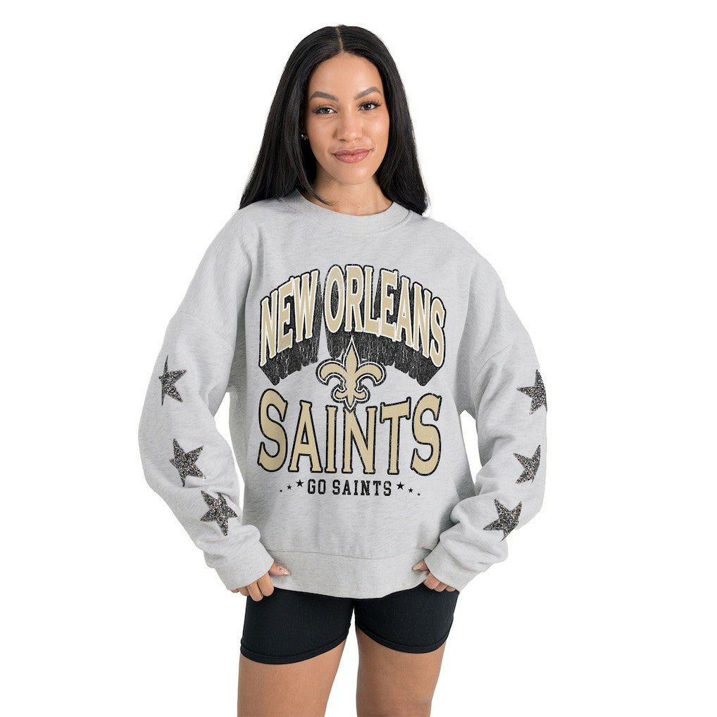 New Orleans Saints Gameday Couture Women's Resilience Relaxed Rhinestone Pullover Sweatshirt - Ash sale