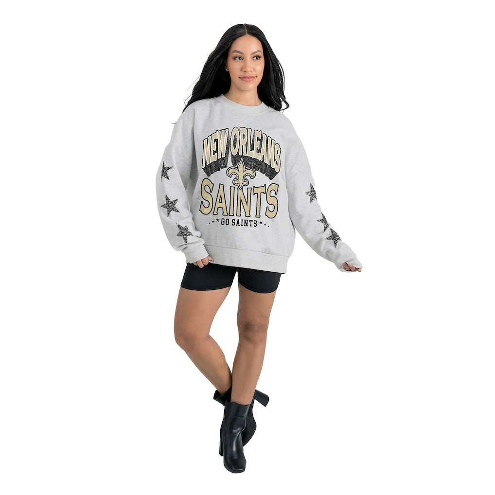 New Orleans Saints Gameday Couture Women's Resilience Relaxed Rhinestone Pullover Sweatshirt - Ash sale