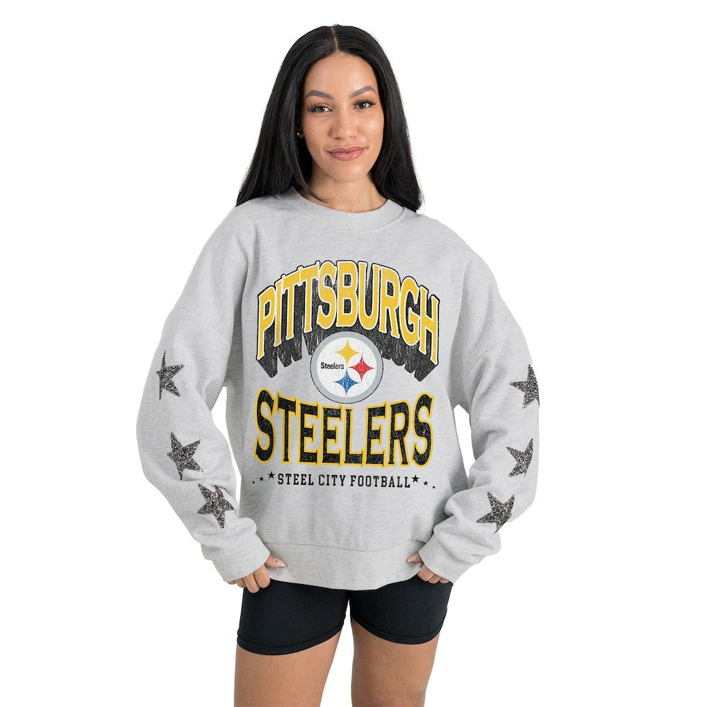 Pittsburgh Steelers Gameday Couture Women's Resilience Relaxed Rhinestone Pullover Sweatshirt - Ash outlet