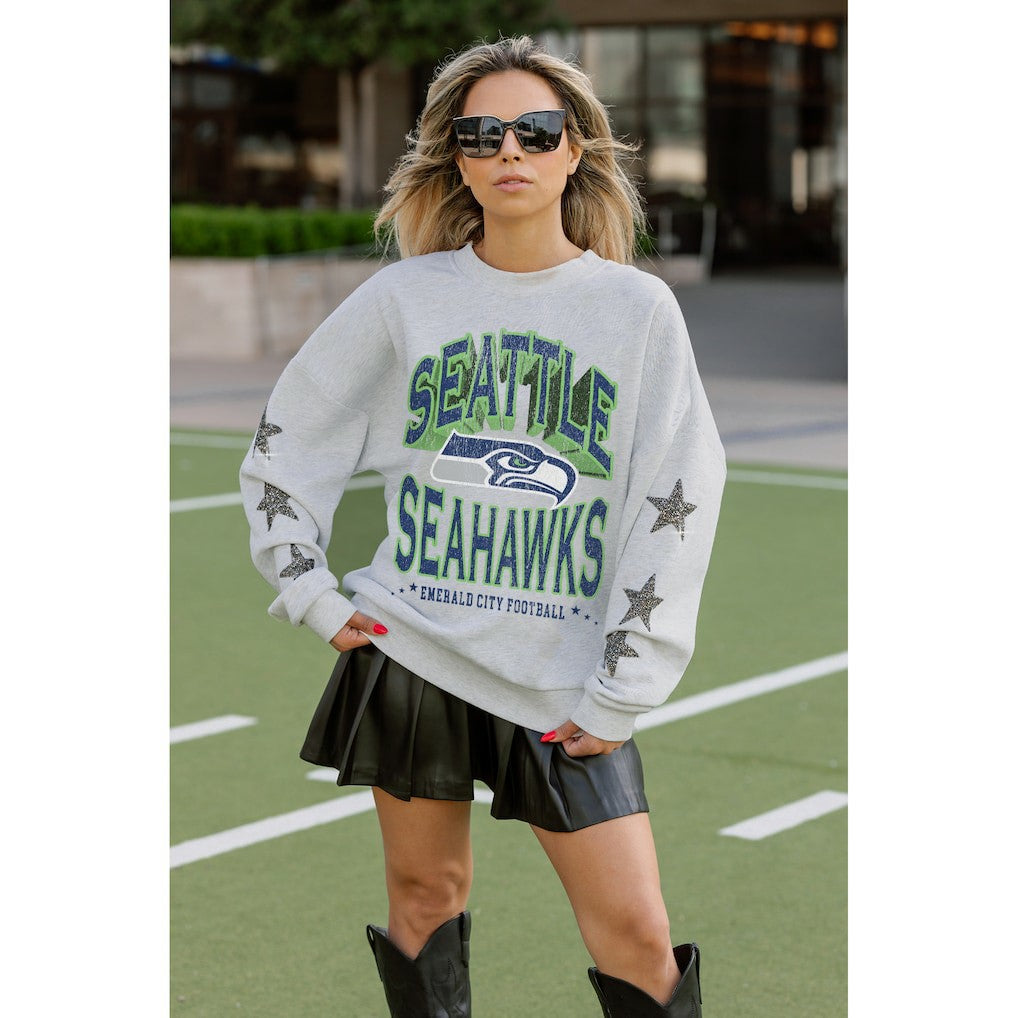 Seattle Seahawks Gameday Couture Women's Resilience Relaxed Rhinestone Pullover Sweatshirt - Ash outlet