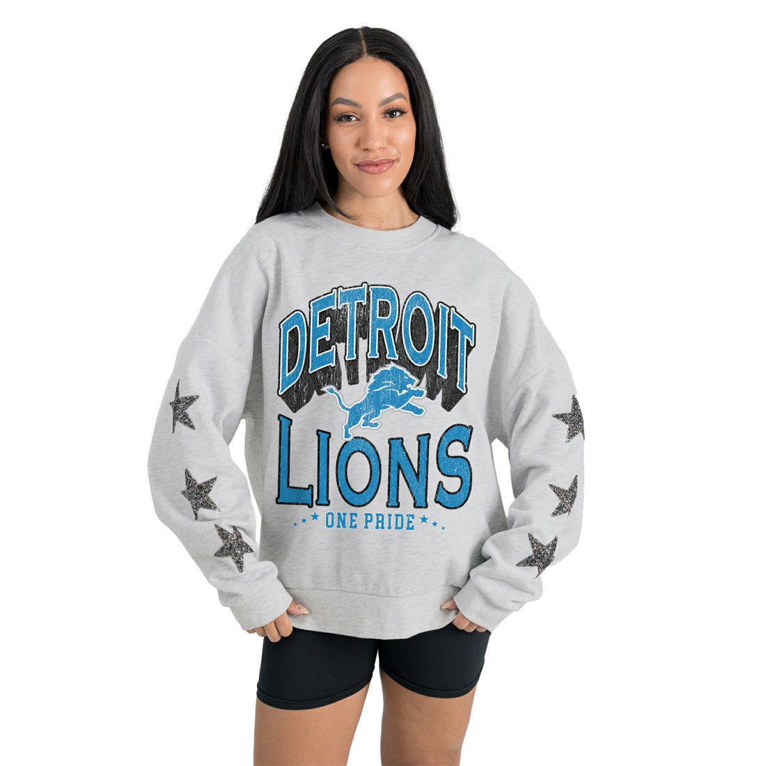Detroit Lions Gameday Couture Women's Resilience Relaxed Rhinestone Pullover Sweatshirt - Ash outlet