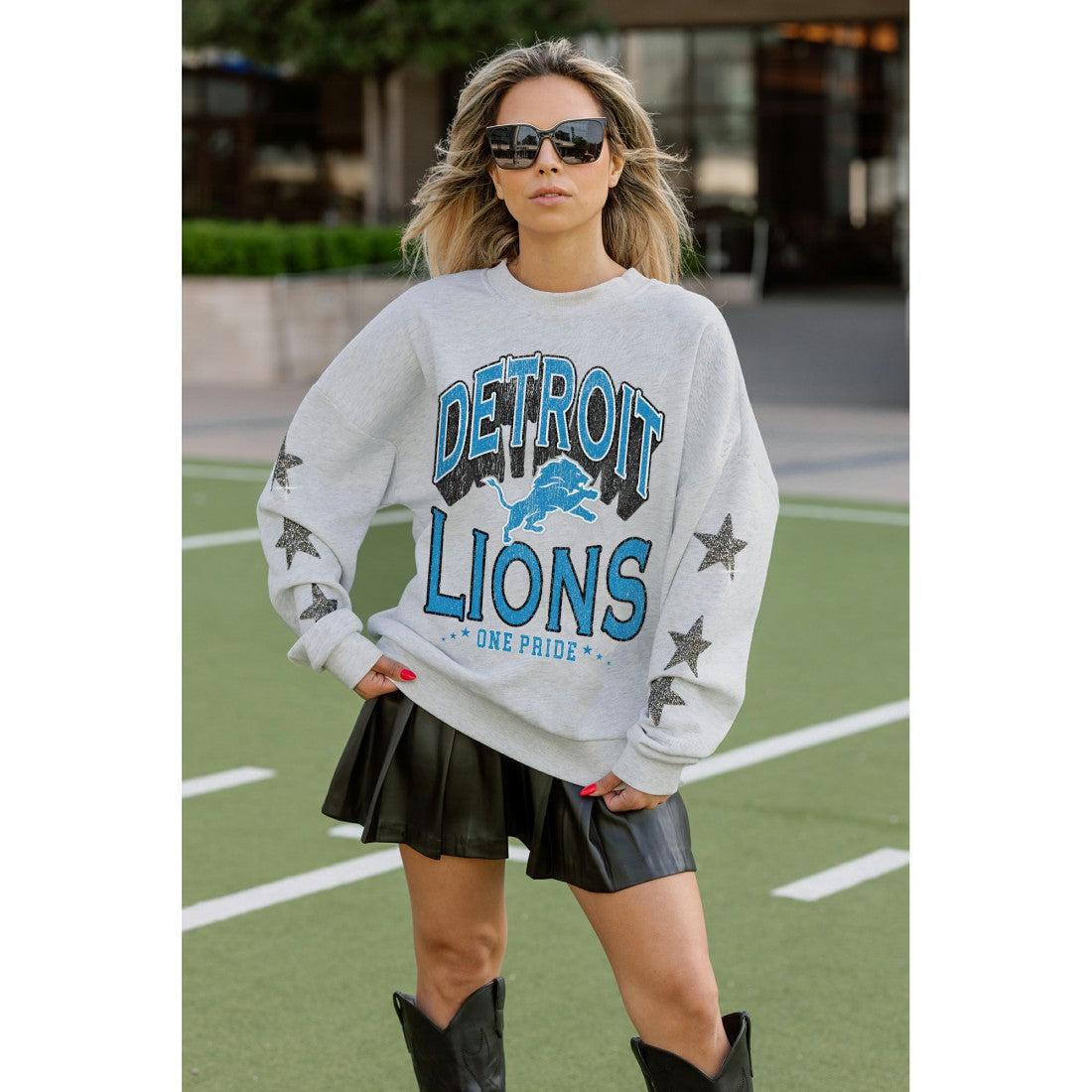 Detroit Lions Gameday Couture Women's Resilience Relaxed Rhinestone Pullover Sweatshirt - Ash outlet