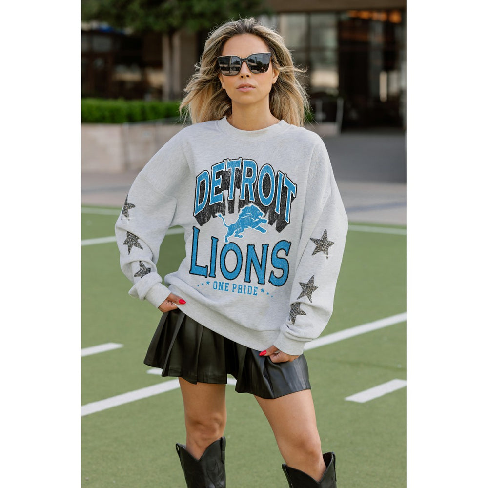 Detroit Lions Gameday Couture Women's Resilience Relaxed Rhinestone Pullover Sweatshirt - Ash outlet