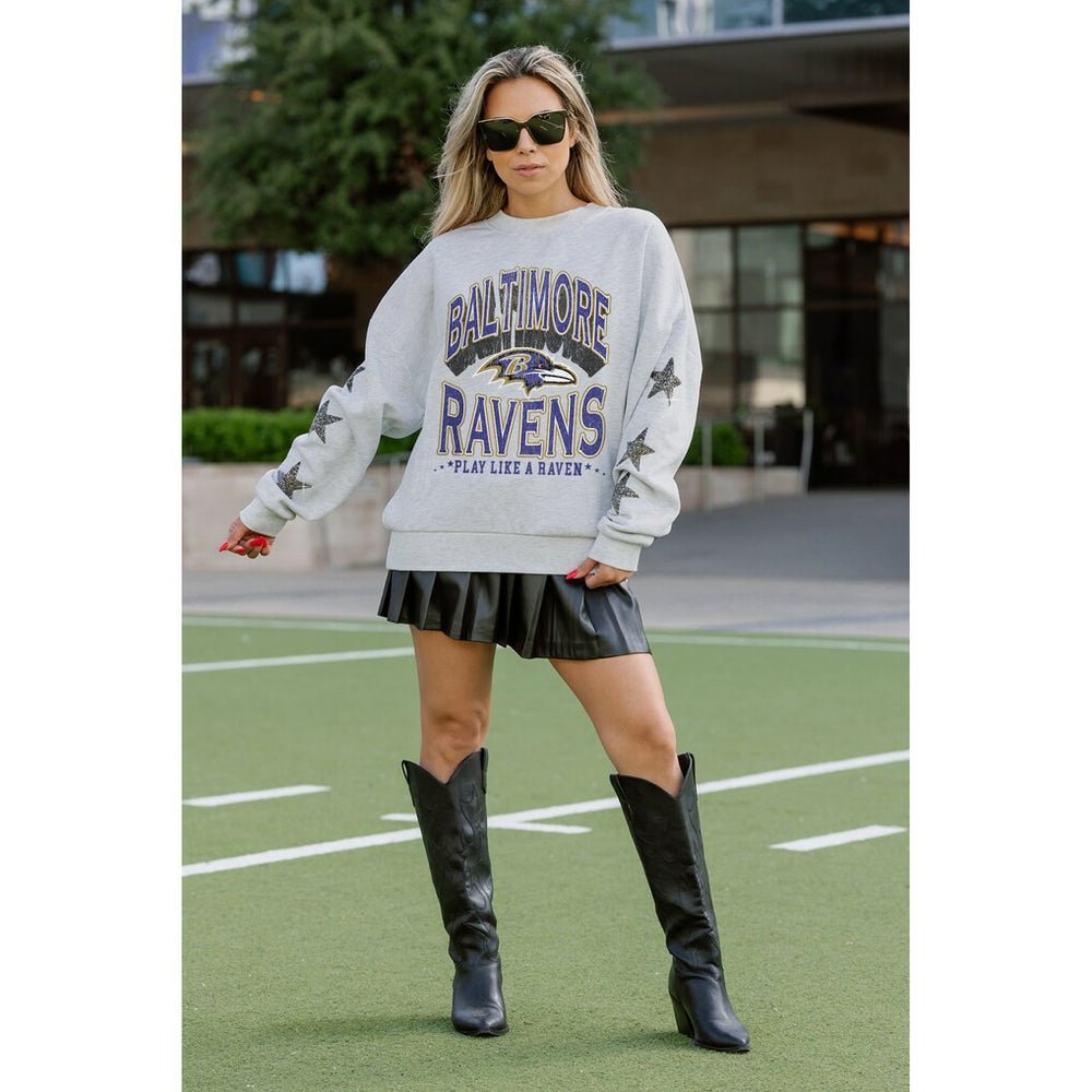 Baltimore Ravens Gameday Couture Women's Resilience Relaxed Rhinestone Pullover Sweatshirt - Ash for sale