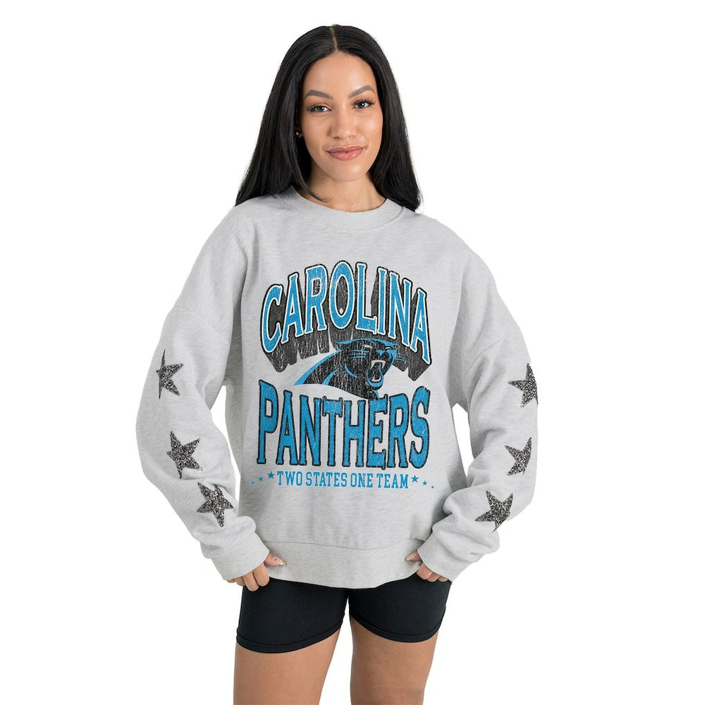 Carolina Panthers Gameday Couture Women's Resilience Relaxed Rhinestone Pullover Sweatshirt - Ash discount