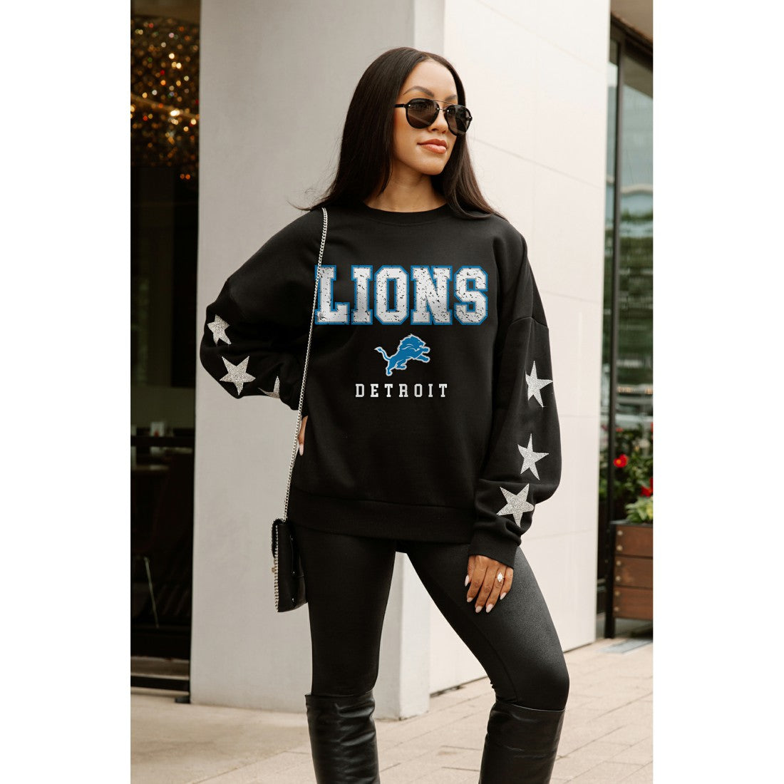 Detroit Lions Gameday Couture Women's Velocity Relaxed Rhinestone Pullover Sweatshirt - Black cheap