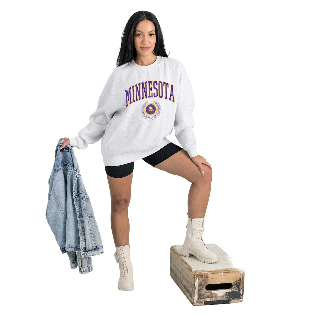 Minnesota Vikings Gameday Couture Women's Traditional Logo Oversized Premium Fleece Pullover Sweatshirt - Ash outlet