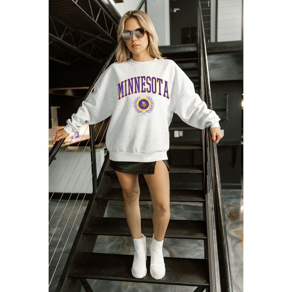 Minnesota Vikings Gameday Couture Women's Traditional Logo Oversized Premium Fleece Pullover Sweatshirt - Ash outlet